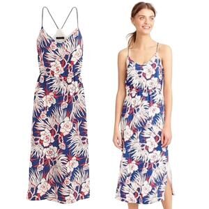 J. Crew Silk Midi Dress Tropical Floral Print Cinched Waist Racerback Blue Red 2
